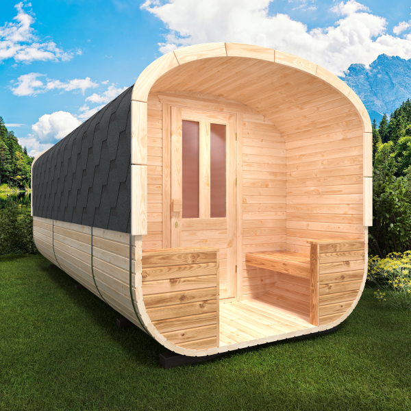 Fasssauna / Gartensauna / Banja / Quadro 5,0 m mit Vorraum und Balkon